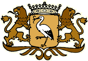 Een van de vele varianten van het orginele stadswapen: de ooievaar met paling, al dan niet geflankeerd door twee leeuwen.