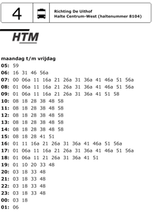 Een deel van de haltetijden van lijn 4 van halte Zoetermeer Centrum West. Er is –&nbsp;zelfs in de spits&nbsp;– geen sprake van een 2,5 minutenfrequentie.