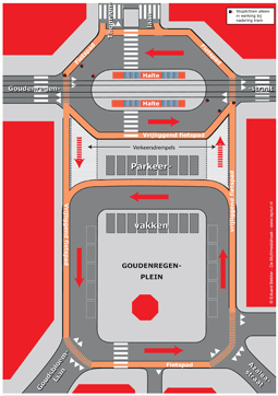 Het voorlopige plan ter verbetering van het Goudenregenplein. De extra parkeerplaatsen in het midden zijn nodig, omdat door de fietspaden de parkeerplaatsen aan weerszijden van het plein komen te vervallen.