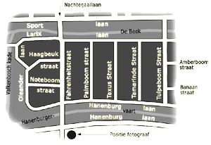 Plattegrond van de deel dat op de fotomontage zichtbaar is. Ondanks dat dit stukje Bomenbuurt een soort schiereiland vormde, omgrensd door Hanenburger–vaart, de Valkenbos–kade en de Beek, sloot het toch goed aan bij zowel Vogelwijk als de rest van de Bomenbuurt.